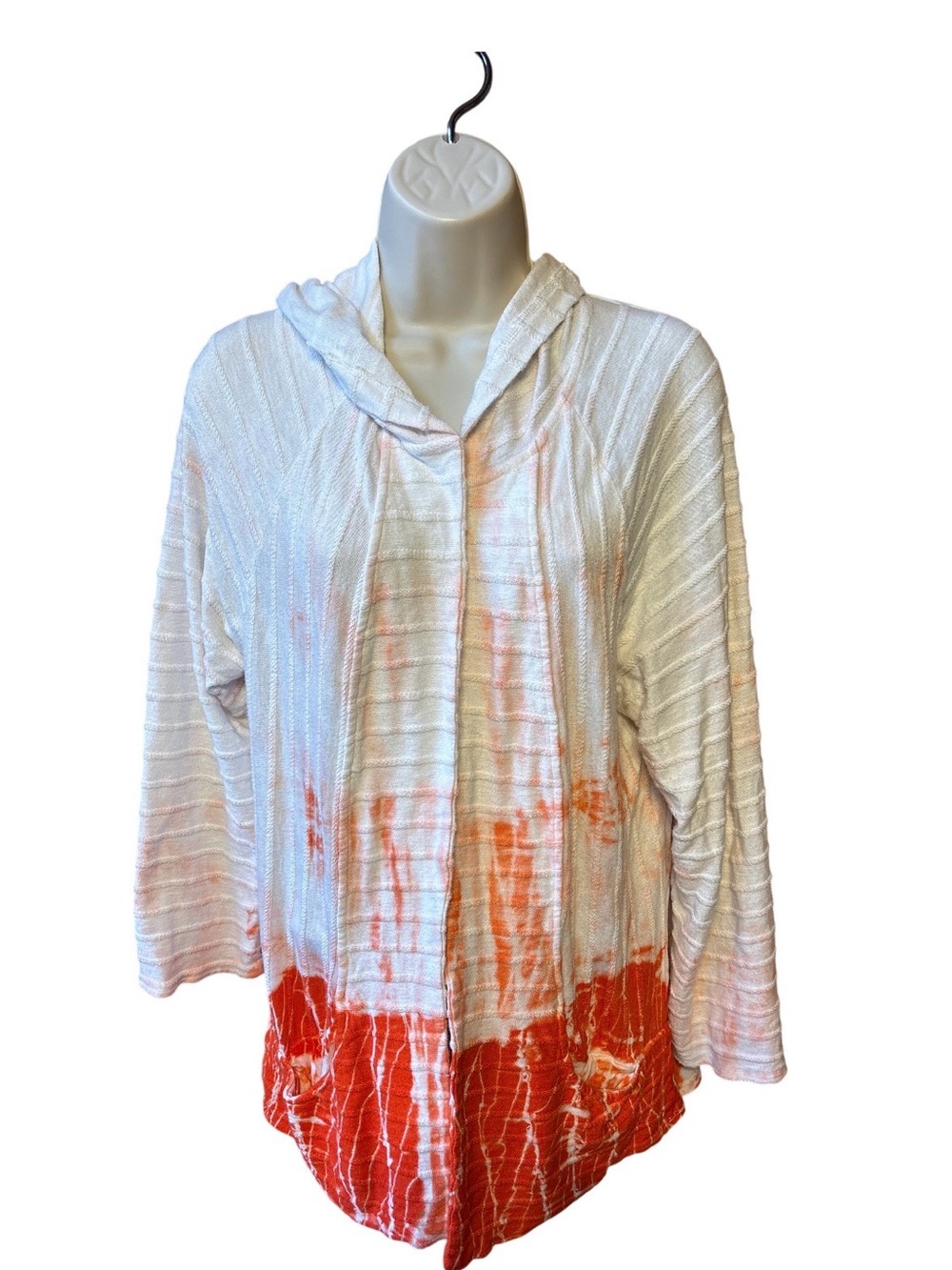Chico's White and Orange Hooded Tie-Dye Cardigan